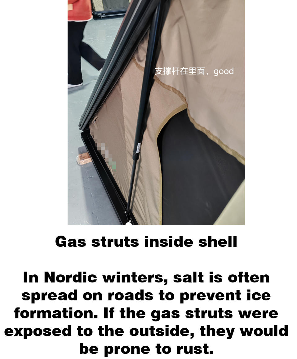 Protected internal gas strut design in WP6009-2 hard-shell roof tent