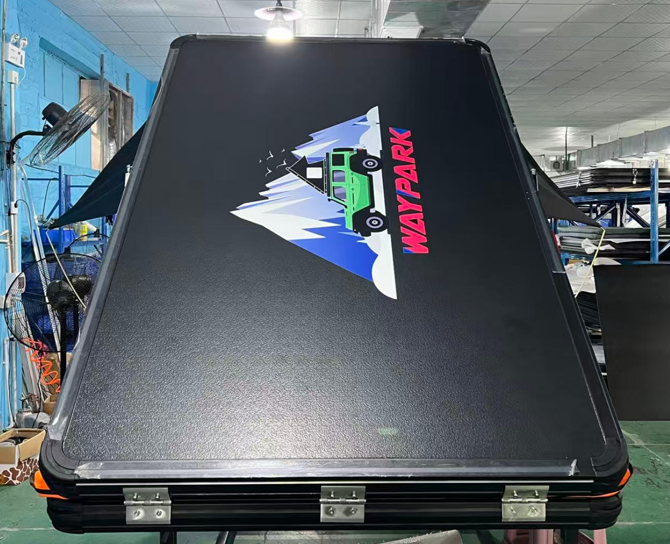 Large custom logo on aluminum roof tent shell