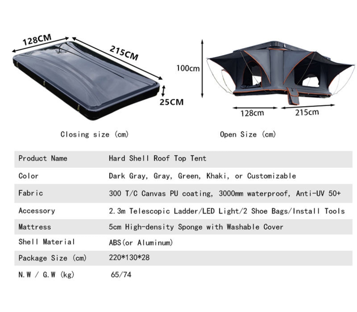 Custom Manufacturer Waterproof Roof Top Tent Retractable Folding Hard Shell Fiberglass Rooftop Tent for 1-4 Person WP6001